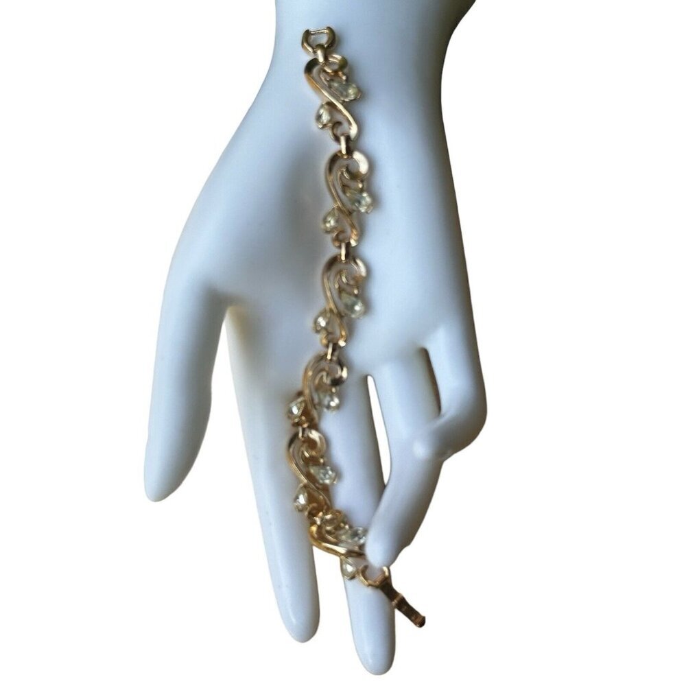VTG Tennis Link Bracelet Teardrop Clear‎ Crystals Gold Tone Fashion Jewelry 6.5